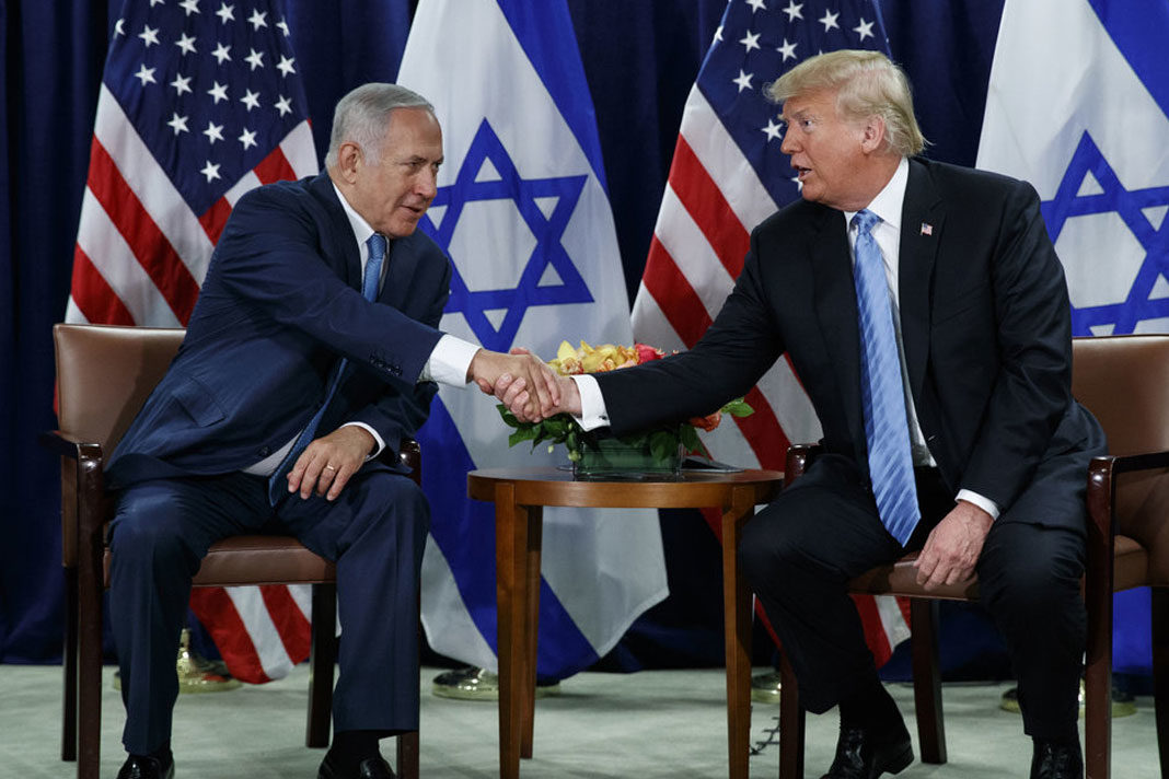 President Donald Trump shakes hands with Prime Minister Benjamin Netanyahu at the United Nations General Assembly