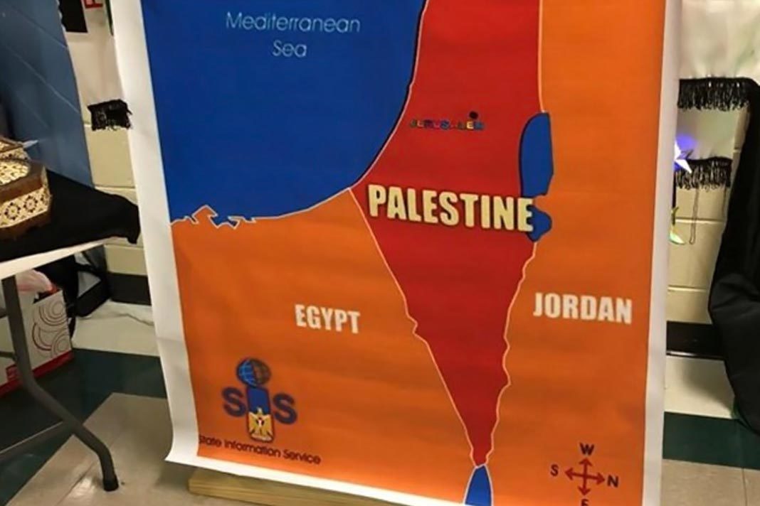 jewish-parents-furious-over-map-of-palestine-replacing-israel-featured-at-middle-school-multicultural-night The map featuring “Palestine” that was on display at a Georgia middle school’s multicultural event.