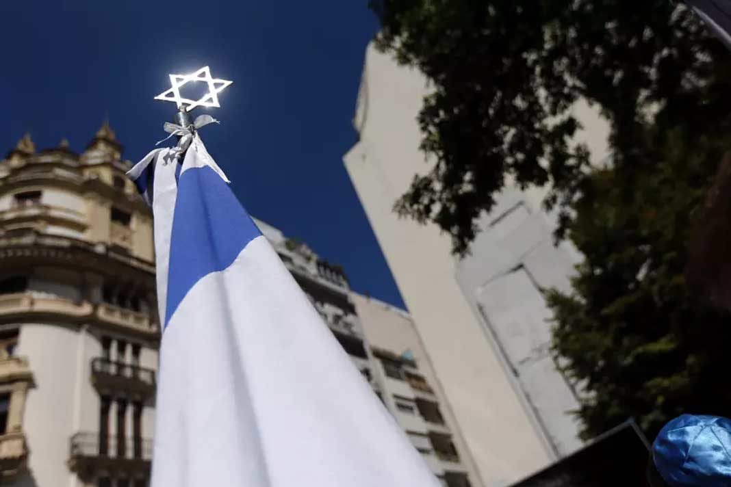 A Star of David is seen outside the former Israeli embassy in Buenos Aires, Argentina at an event to commemorate the 25th anniversy of the building's destruction by a car bomb, March 2017. (photo credit: REUTERS/MARCOS BRINDICCI)