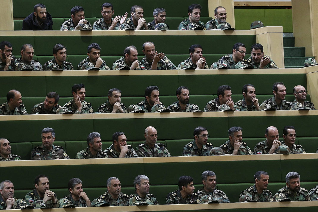 A group of Iranian army members follow the debates of parliament on a tour on the occasion of Army Day, in Tehran, Iran, April 16, 2019. (AP Photo/Vahid Salemi)