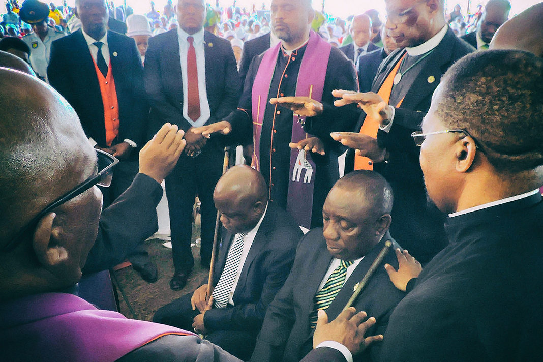 ANC President Cyril Ramaphosa and KwaZulu-Natal ANC provincial chairperson Sihle Zikalala were called to receive a prayer from Bishop Zipho D Siwa after Easter service on 19 April 2019. Photo: Aisha Abdool Karim.