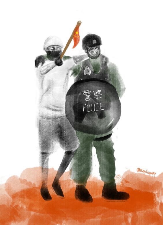 Drawing by Budicao,representing Chinese authorities manipulating the Hong Kong police. / Twitter @HongKongFP, Budicao