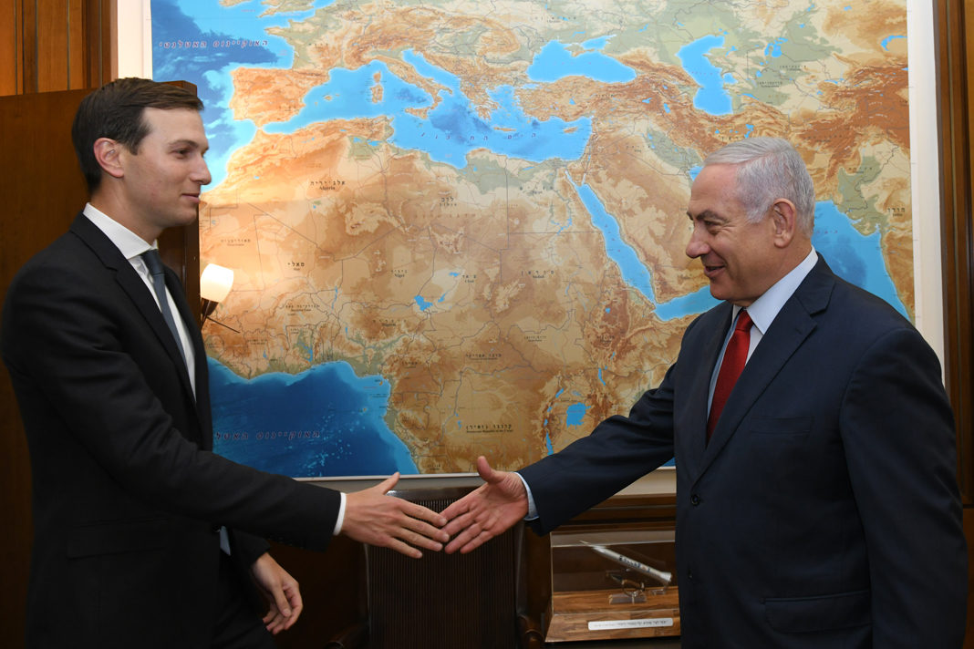 kushner-meets-with-netanyahu-to-push-mideast-peace-plan Prime Minister Netanyahu greets Trump adviser Jared Kusnher, July 31, 2019. (GPO/Kobi Gideon)