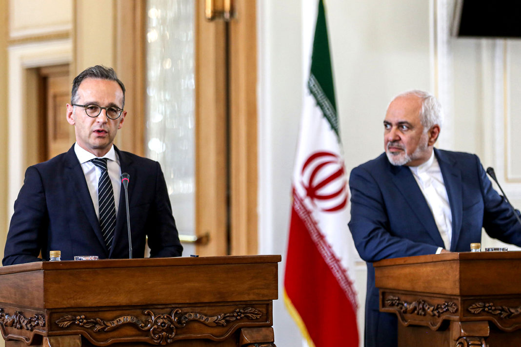 germany-condemns-iran-for-saying-wiping-israel-off-the-map-is-achievable :Iran's Foreign Minister Mohammad Javad Zarif and his German counterpart Heiko Maas at a press conference in Tehran on Monday (AFP)