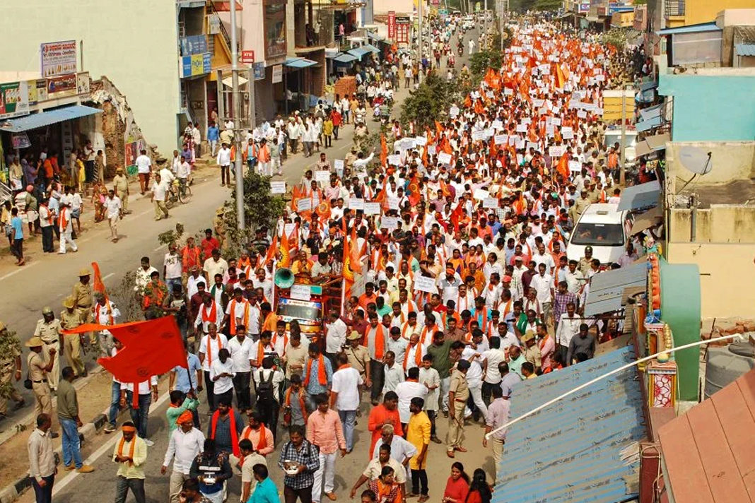 Members of Hindu groups demonstrate against the planned statue of Jesus Christ in Ramanagara in Karnataka state [AFP]
