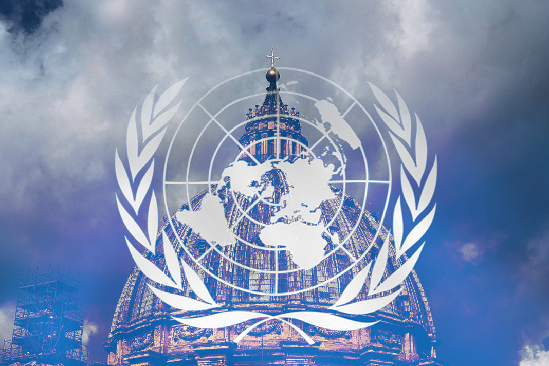 St. Peter's Basilica in Vatican City and UN Flag 
