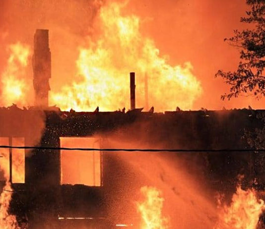 Church building burning down