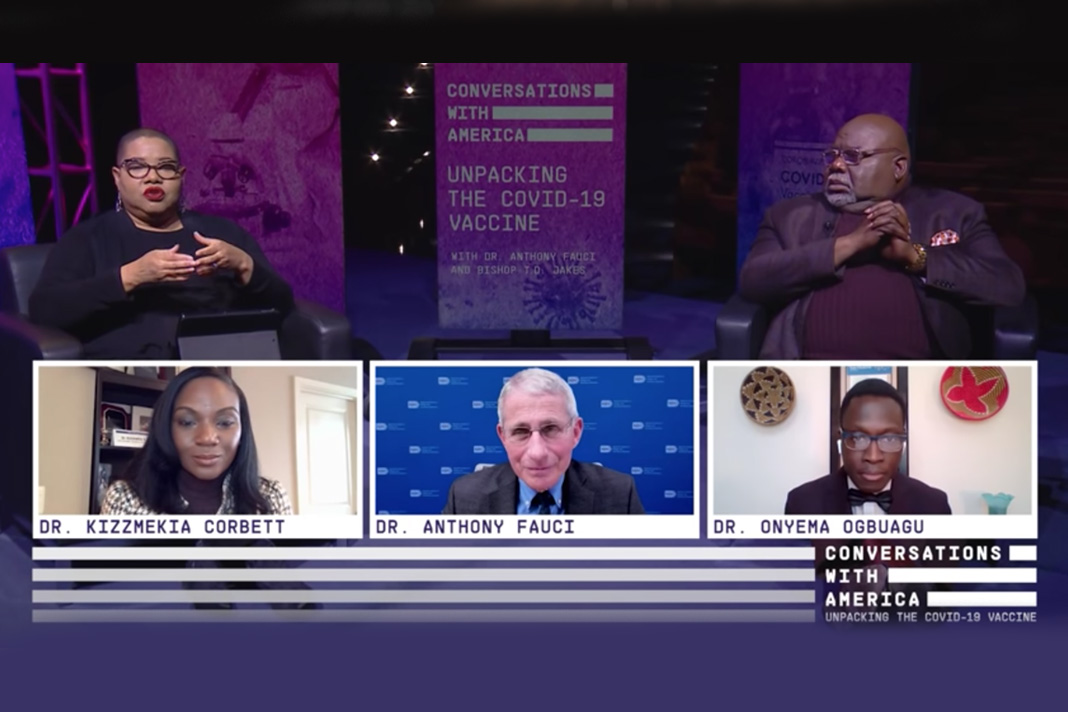 bishop-t-d-jakes-hosts-dr-fauci-and-experts-to-combat-covid-19-misinformation T.D. Jakes, co-host Jill Waggoner and panelists. Photo from YouTube livestream.