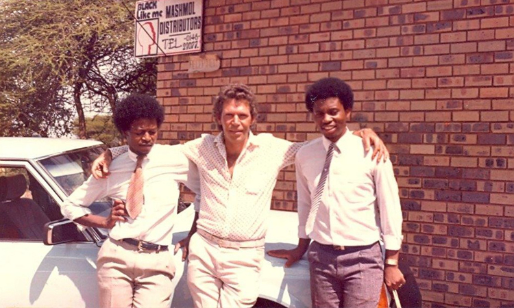 Early days in business – Herman (right) with colleagues Johan and Joseph at the Black Like Me factory