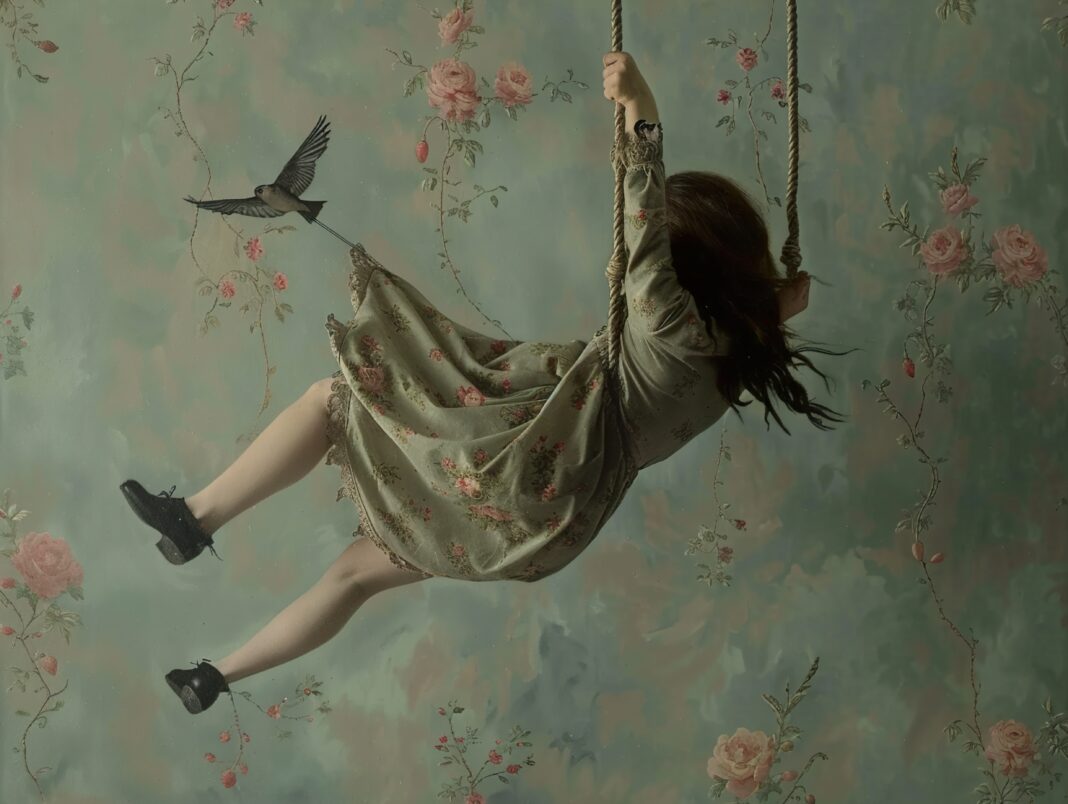 A young woman swings on a rope swing, her hair flowing in the wind, while a bird flies away with a piece of her dress.